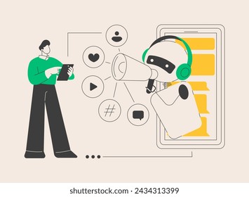 Artificial intelligence in social media abstract concept vector illustration. Artificial intelligence in digital marketing, machine learning in social media, automated algorithm abstract metaphor.