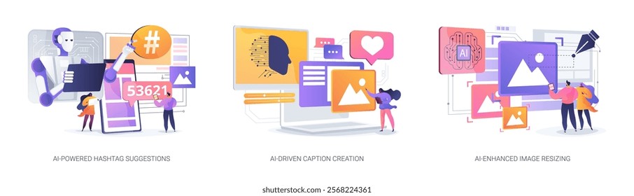 Artificial Intelligence in social media abstract concept vector illustration set. AI-Powered Hashtag Suggestions, AI-Driven Caption Creation, AI-Enhanced Image Resizing tools abstract metaphor.