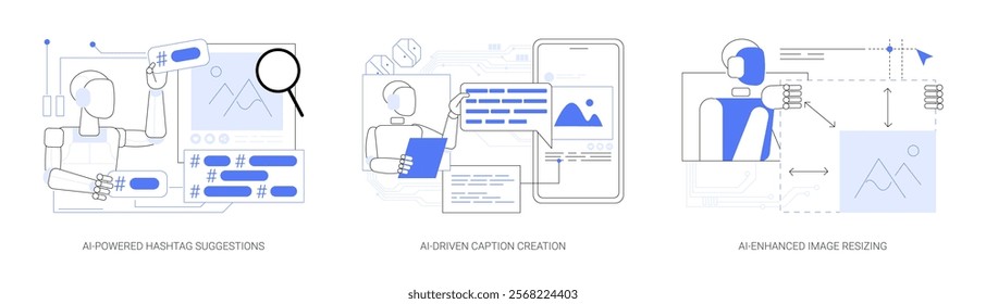 Artificial Intelligence in social media abstract concept vector illustration set. AI-Powered Hashtag Suggestions, AI-Driven Caption Creation, AI-Enhanced Image Resizing tools abstract metaphor.