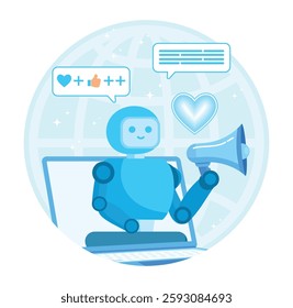  Artificial intelligence in social media. A cute blue robot interacting with social media and digital elements, reflecting communication and online connections. Flat vector modern illustration 