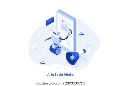 Artificial intelligence in social media isometric concept vector illustration. Artificial intelligence in digital marketing, machine learning, automated algorithm abstract metaphor.