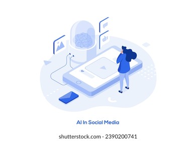 Artificial intelligence in social media isometric concept vector illustration. Artificial intelligence in digital marketing, machine learning, automated algorithm abstract metaphor.