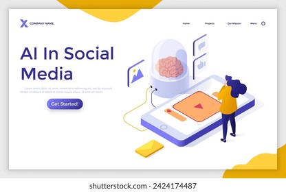 Artificial intelligence in social media isometric concept vector illustration. Artificial intelligence in digital marketing, machine learning, automated algorithm landing page