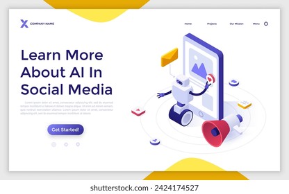 Artificial intelligence in social media isometric concept vector illustration. Artificial intelligence in digital marketing, machine learning, automated algorithm landing page