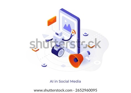 Artificial intelligence in social media isometric concept vector illustration. Artificial intelligence in digital marketing, machine learning, automated algorithm concept