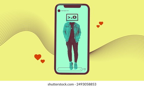 Artificial intelligence social media male influencer on phone collage art. Man with computer screen head and emoji face. Virtual reality concept of advance technology. 