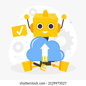 Artificial intelligence software. Smiling Cloud robot helps to work with data, folders and information. Modern technologies for downloading and transferring files. Cartoon flat vector illustration