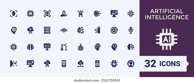 Artificial intelligence solid icons set. Collection of machine learning, connection, networking and more. Editable filled icon pack. Pixel perfect. Glyph Vector illustration.