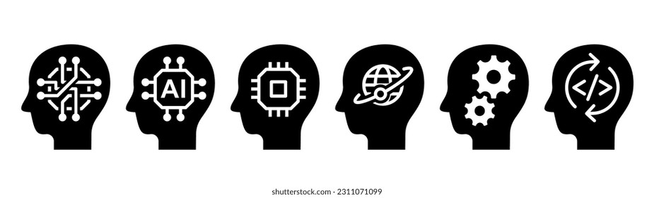 Artificial intelligence solid monochrome icon set. Human heads with computer chip, gears, programming code, etc.