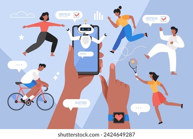 Artificial intelligence in sport and exercise smart phone app concept. Modern vector illustration of people cycling, exercising, playing tennis and running, using AI fitness  training