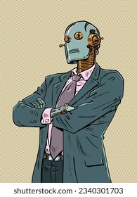 Artificial intelligence is starting to take over the jobs of office workers. Collaboration between technology and man. A vintage robot in a business suit is standing. Pop Art Retro Vector Illustration