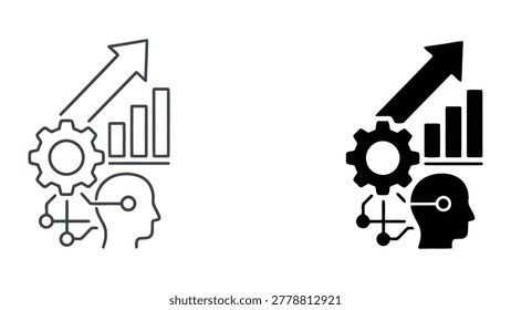 Artificial intelligence and strategic business thinking icons with human head profile gear and growth chart for technological innovation and smart organizational development in future markets