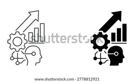 Artificial intelligence and strategic business thinking icons with human head profile gear and growth chart for technological innovation and smart organizational development in future markets