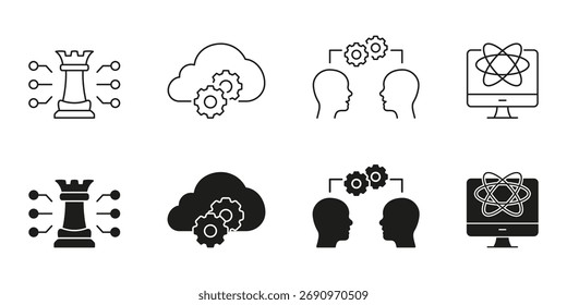 Estratégia de Inteligência Artificial e Linha de Computação Cognitiva e Conjunto Sólido de Ícones. Tecnologia em nuvem, inovação e coleção de símbolos de pensamento humano. Ilustração de vetor isolada.