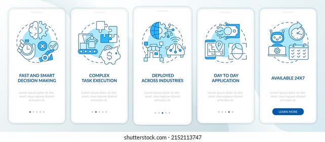 Artificial intelligence strengths blue onboarding mobile app screen. Walkthrough 5 steps graphic instructions pages with linear concepts. UI, UX, GUI template. Myriad Pro-Bold, Regular fonts used