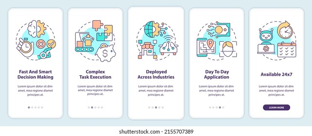 Artificial intelligence strengths onboarding mobile app screen. Walkthrough 5 steps graphic instructions pages with linear concepts. UI, UX, GUI template. Myriad Pro-Bold, Regular fonts used