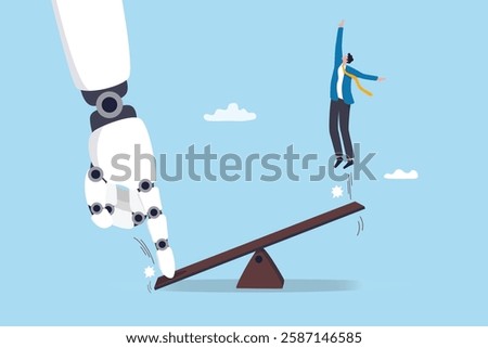 Artificial intelligence to support and help business success, AI automation tech, innovation boost employee development, assistant for improvement concept, robot hand help businessman jump on seesaw.