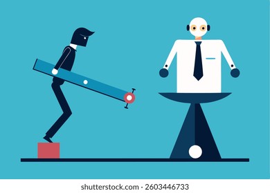 Artificial intelligence supporting business success: AI automation technology and innovation boost employee development. A robot hand assists a businessman in jumping on a seesaw,