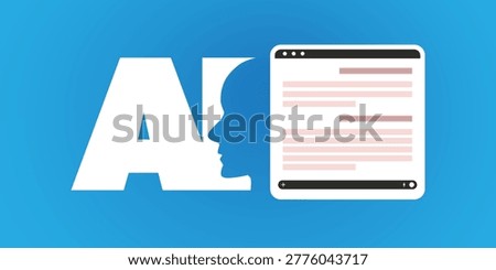 Artificial intelligence symbol with human profile next to web browser window, concept showing automated code generation, ideal for tech blogs, software development articles, and AI automation marketing content.