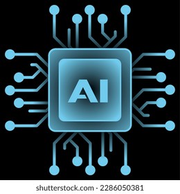 Artificial intelligence symbol vector illustration. Glowing blue chipset for artificial intelligence illustration. Chip icon for graphic resource of technology, futuristic, computer, cyber and science