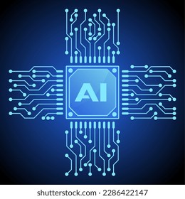 Artificial intelligence symbol vector illustration. Glowing blue chipset for artificial intelligence illustration. Chip icon for graphic resource of technology, futuristic, computer, cyber and science