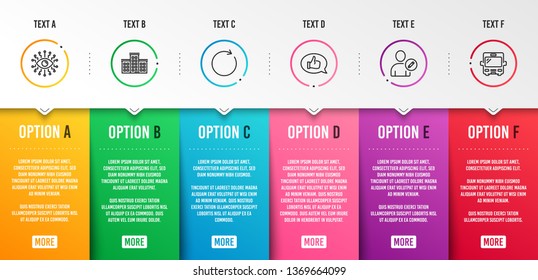 Artificial intelligence, Synchronize and Company icons simple set. Feedback, Edit user and Bus signs. All-seeing eye, Refresh or update. Technology set. Infographic template. 6 steps timeline. Vector