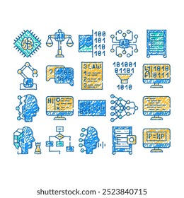 artificial intelligence system doodle icons set vector. sketch line art artificial intelligence binary code and robot, digital brain and robotic arm color illustrations