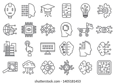 Artificial intelligence system icons set. Outline set of artificial intelligence system vector icons for web design isolated on white background