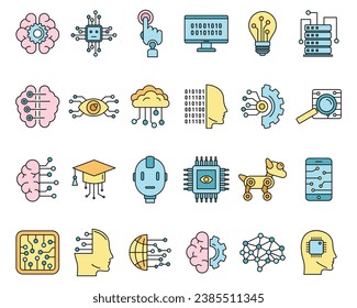 Artificial intelligence system icons set. Outline set of artificial intelligence system vector icons thin line color flat on white