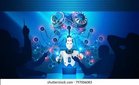 La inteligencia artificial enseña a los empleados de negocios. Robot con cerebro artificial está conectado a la red neural para el análisis de datos empresariales. Empresarios reunidos y discutiendo el trabajo de estrategia.