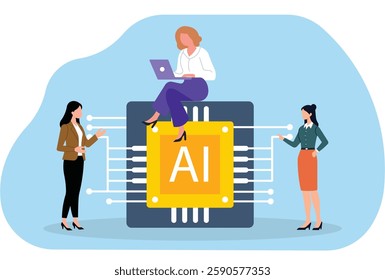 Artificial Intelligence teamwork concept. Businesswomen discussing AI chip technology, machine learning, and digital transformation. Modern flat vector illustration for innovation and automation.