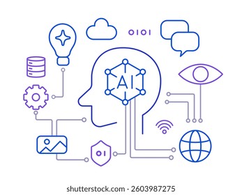 Artificial Intelligence Tech Innovation Illustration with Robot Head and AI Blockchain Brain Futuristic Icons Elements and Idea Vision Eye Connecting Cloud Computing Structure System