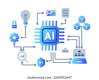 Artificial Intelligence Tech Innovation Illustration with AI Semiconductor Chip Futuristic Data Analysis Icons Elements and Idea of Media, Security Network Connecting Cloud Computing Structure System