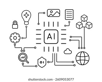 Artificial Intelligence Tech Innovation Illustration with AI Semiconductor Chip Futuristic Data Analysis Icons Elements and Idea of Media, Security Network Connecting Cloud Computing Structure System