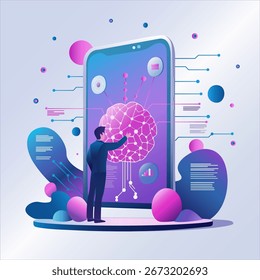 Inteligência Artificial e Tecnologia: Uma pessoa interage com uma rede neural através de um smartphone. Ilustração conceitual que simboliza a IA e o processamento de dados. Vetor EPS 10 