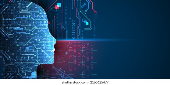 Artificial Intelligence. Technical background with a silhouette of a man. Big data concept. Machine cyber mind.