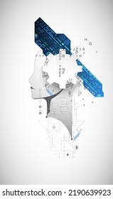 Artificial Intelligence. Technical background with a silhouette of a man. Big data concept. Machine cyber mind.