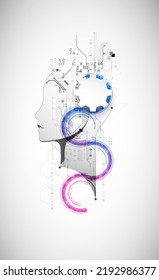 Artificial Intelligence. Technical background with a silhouette of a man. Big data concept. Machine cyber mind.