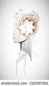 Artificial Intelligence. Technical background with a silhouette of a man. Big data concept. Machine cyber mind.