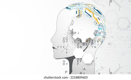Artificial Intelligence. Technical background with a silhouette of a man. Big data concept. Machine cyber mind.