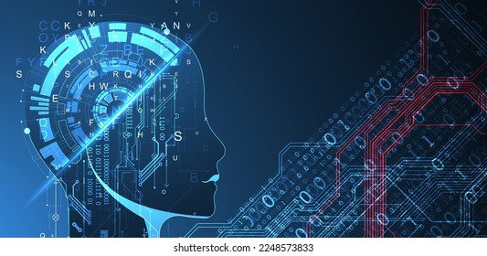 Artificial Intelligence. Technical background with a silhouette of a man. Big data concept. Machine cyber mind.