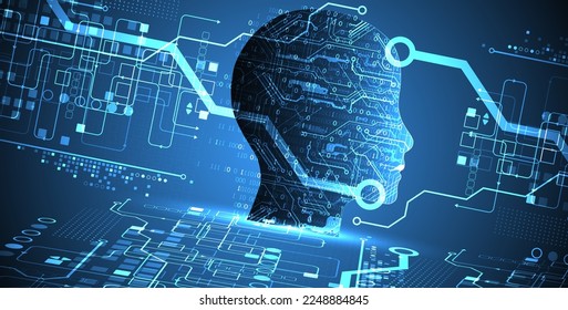 Artificial Intelligence. Technical background with a silhouette of a man. Big data concept. Machine cyber mind.
