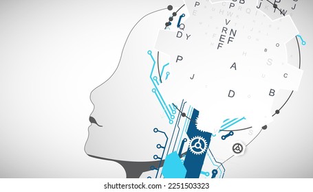 Artificial Intelligence. Technical background with a silhouette of a man. Big data concept. Machine cyber mind.