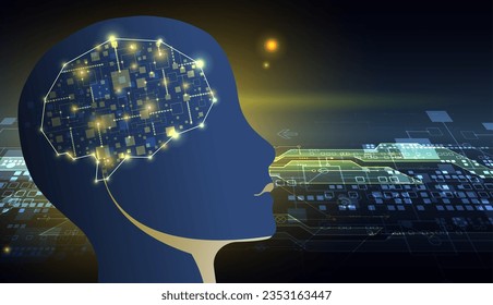 Artificial Intelligence. Technical background with a silhouette of a man. Big data concept. Machine cyber mind. Vector