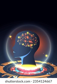 Artificial Intelligence. Technical background with a silhouette of a man. Big data concept. Machine cyber mind. Vector