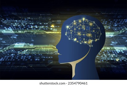 Artificial Intelligence. Technical background with a silhouette of a man. Big data concept. Machine cyber mind. Vector