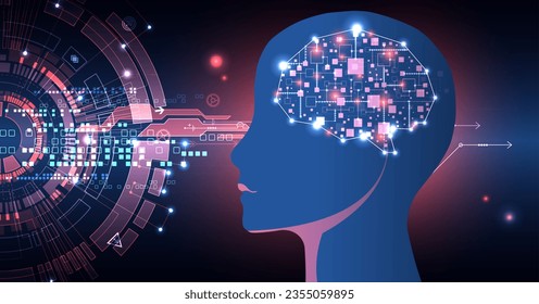 Artificial Intelligence. Technical background with a silhouette of a man. Big data concept. Machine cyber mind. Vector