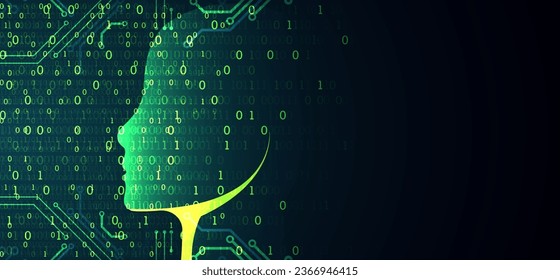 Artificial Intelligence. Technical background with a silhouette of a robot head. Big data concept. Machine cyber mind. 