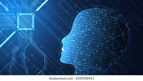 Artificial Intelligence. Technical background with a silhouette of a man. Big data concept. Machine cyber mind.