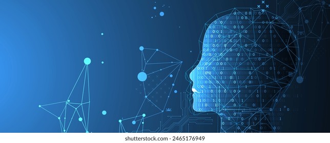 Artificial Intelligence. Technical background with a silhouette of a man. Big data concept. Machine cyber mind.